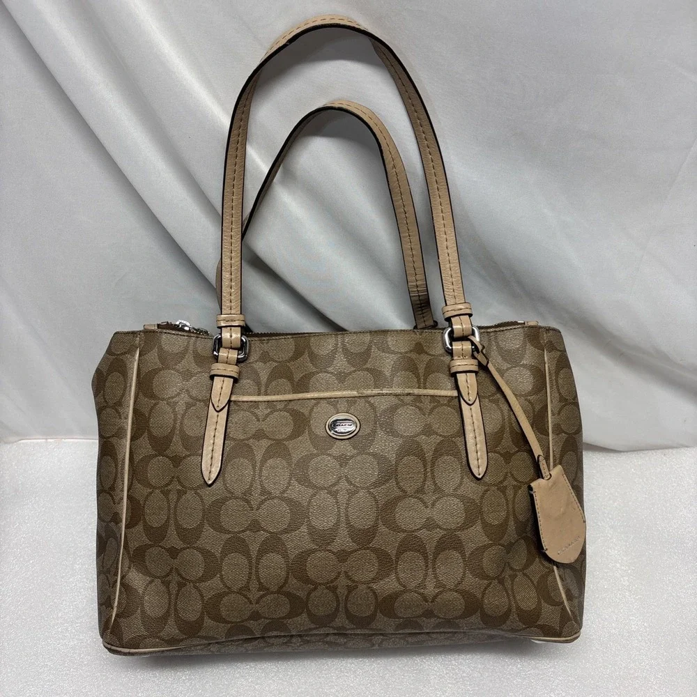 Coach Signature Peyton Double Zip Carryall Shoulder Bag Purse Brown F26186